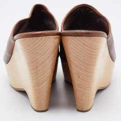 Saint Laurent Brown Leather Wooden Platform Wedge Mules Size 37