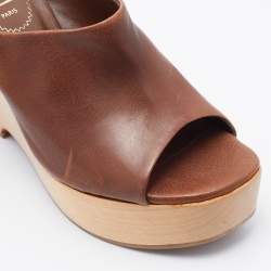 Saint Laurent Brown Leather Wooden Platform Wedge Mules Size 37