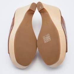 Saint Laurent Brown Leather Wooden Platform Wedge Mules Size 37