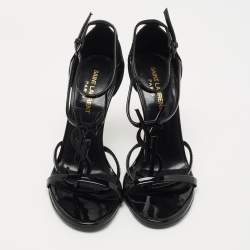 Saint Laurent Black Patent Leather Cassandra Sandals Size 36.5