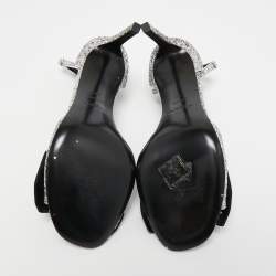 Pre Owned Saint Laurent Silver/Black Coarse Glitter and Fabric Jane Bow Ankle Strap Sandals Size 40