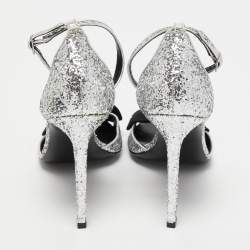 Pre Owned Saint Laurent Silver/Black Coarse Glitter and Fabric Jane Bow Ankle Strap Sandals Size 40
