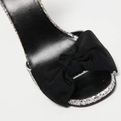 Pre Owned Saint Laurent Silver/Black Coarse Glitter and Fabric Jane Bow Ankle Strap Sandals Size 40