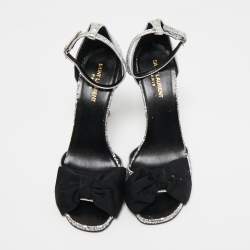 Pre Owned Saint Laurent Silver/Black Coarse Glitter and Fabric Jane Bow Ankle Strap Sandals Size 40