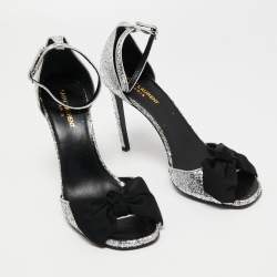 Pre Owned Saint Laurent Silver/Black Coarse Glitter and Fabric Jane Bow Ankle Strap Sandals Size 40