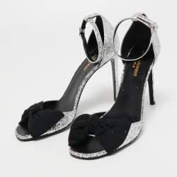 Pre Owned Saint Laurent Silver/Black Coarse Glitter and Fabric Jane Bow Ankle Strap Sandals Size 40