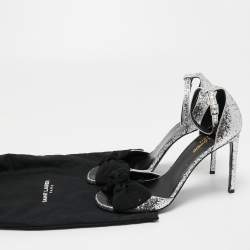 Pre Owned Saint Laurent Silver/Black Coarse Glitter and Fabric Jane Bow Ankle Strap Sandals Size 40