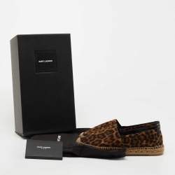 Pre Owned Saint Laurent Brown Suede Leopard Print Espadrille Flats Size 37.5