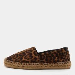 Pre Owned Saint Laurent Brown Suede Leopard Print Espadrille Flats Size 37.5
