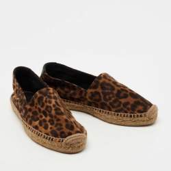 Pre Owned Saint Laurent Brown Suede Leopard Print Espadrille Flats Size 37.5