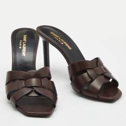Pre Owned Saint Laurent Paris Brown Leather Tribute Slides Size 37