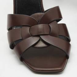 Pre Owned Saint Laurent Paris Brown Leather Tribute Slides Size 37