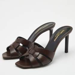 Pre Owned Saint Laurent Paris Brown Leather Tribute Slides Size 37