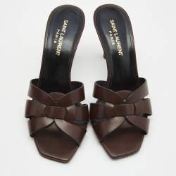 Pre Owned Saint Laurent Paris Brown Leather Tribute Slides Size 37