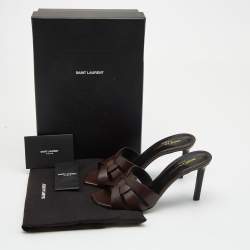 Pre Owned Saint Laurent Paris Brown Leather Tribute Slides Size 37