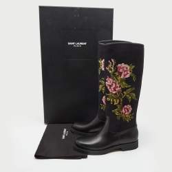 Pre Owned Saint Laurent Black Knit Fabric and Leather Wool Floral Print Knee Length Boots Size 39.5