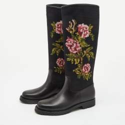 Pre Owned Saint Laurent Black Knit Fabric and Leather Wool Floral Print Knee Length Boots Size 39.5