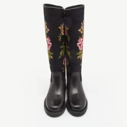 Pre Owned Saint Laurent Black Knit Fabric and Leather Wool Floral Print Knee Length Boots Size 39.5