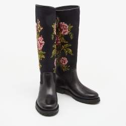 Pre Owned Saint Laurent Black Knit Fabric and Leather Wool Floral Print Knee Length Boots Size 39.5