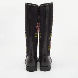 Pre Owned Saint Laurent Black Knit Fabric and Leather Wool Floral Print Knee Length Boots Size 39.5