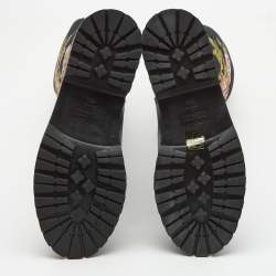 Pre Owned Saint Laurent Black Knit Fabric and Leather Wool Floral Print Knee Length Boots Size 39.5