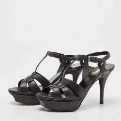 Pre Owned Saint Laurent Dark Grey Textured Leather Tribute Sandals Size 37