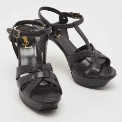 Pre Owned Saint Laurent Dark Grey Textured Leather Tribute Sandals Size 37