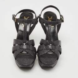 Pre Owned Saint Laurent Dark Grey Textured Leather Tribute Sandals Size 37