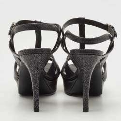 Pre Owned Saint Laurent Dark Grey Textured Leather Tribute Sandals Size 37