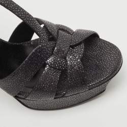 Pre Owned Saint Laurent Dark Grey Textured Leather Tribute Sandals Size 37
