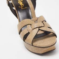 Saint Laurent Beige Textured Leather Tribute Sandals Size 37