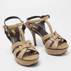 Saint Laurent Beige Textured Leather Tribute Sandals Size 37