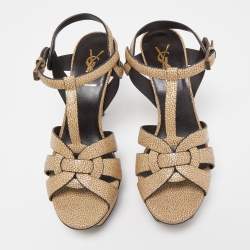 Saint Laurent Beige Textured Leather Tribute Sandals Size 37
