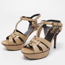 Saint Laurent Beige Textured Leather Tribute Sandals Size 37