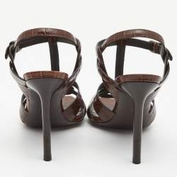 Pre Owned Saint Laurent Brown Croc Embossed Leather Tribute Sandals Size 38
