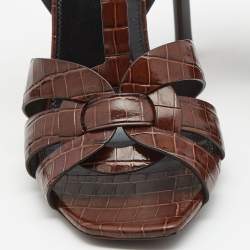Pre Owned Saint Laurent Brown Croc Embossed Leather Tribute Sandals Size 38