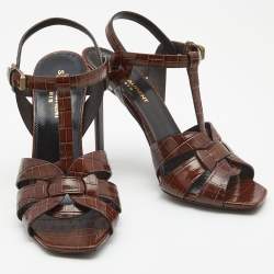 Pre Owned Saint Laurent Brown Croc Embossed Leather Tribute Sandals Size 38