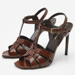 Pre Owned Saint Laurent Brown Croc Embossed Leather Tribute Sandals Size 38