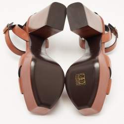 مملوكة مسبقًا Saint Laurent Paris Brown Leather Farrah Criss- Cross Platform Ankle Strap Sandals Size 37