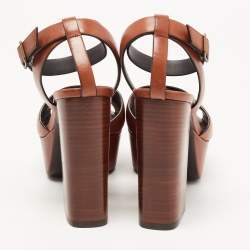 مملوكة مسبقًا Saint Laurent Paris Brown Leather Farrah Criss- Cross Platform Ankle Strap Sandals Size 37