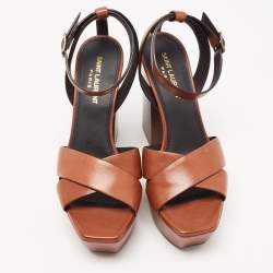 مملوكة مسبقًا Saint Laurent Paris Brown Leather Farrah Criss- Cross Platform Ankle Strap Sandals Size 37