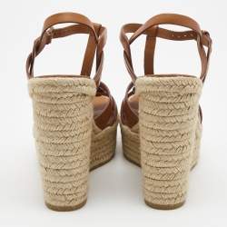 Saint Laurent Paris Tan Leather Tribute Espadrille Platform Wedge Sandals Size 40.5