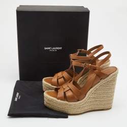 Saint Laurent Paris Tan Leather Tribute Espadrille Platform Wedge Sandals Size 40.5