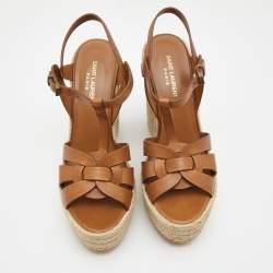Saint Laurent Paris Tan Leather Tribute Espadrille Platform Wedge Sandals Size 40.5