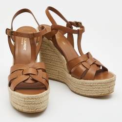 Saint Laurent Paris Tan Leather Tribute Espadrille Platform Wedge Sandals Size 40.5