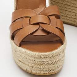 Saint Laurent Paris Tan Leather Tribute Espadrille Platform Wedge Sandals Size 40.5