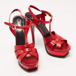 Saint Laurent Metallic Red Leather Tribute Sandals Size 39