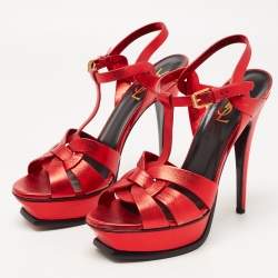 Saint Laurent Metallic Red Leather Tribute Sandals Size 39