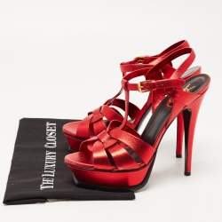 Saint Laurent Metallic Red Leather Tribute Sandals Size 39