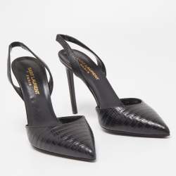 Pre Owned Saint Laurent Black Lizard Embossed Leather Slingback Pumps Size 37.5